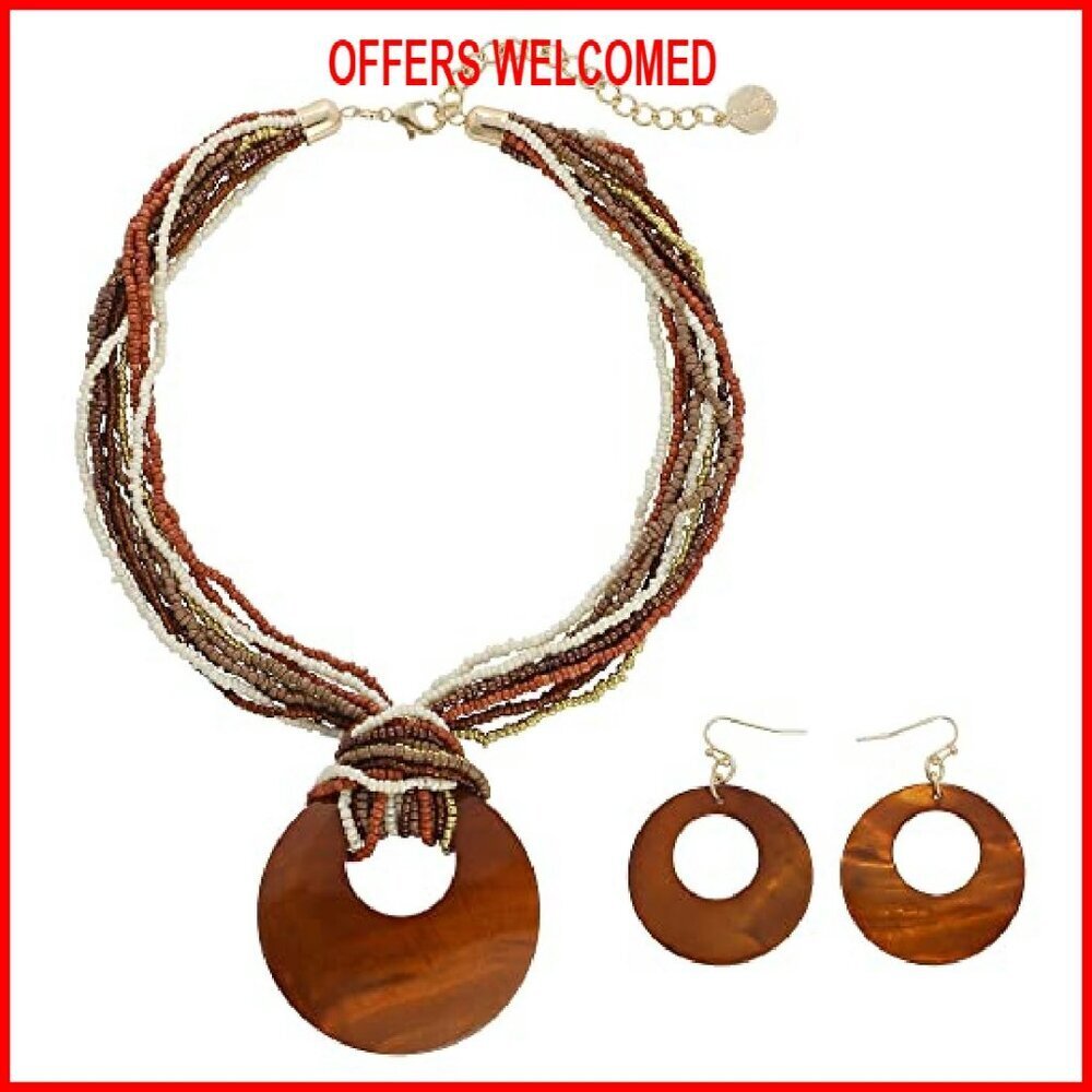 Statement Shell Bead Necklace Set with Adjustable Chain 17 Inches - Picture 2 of 8
